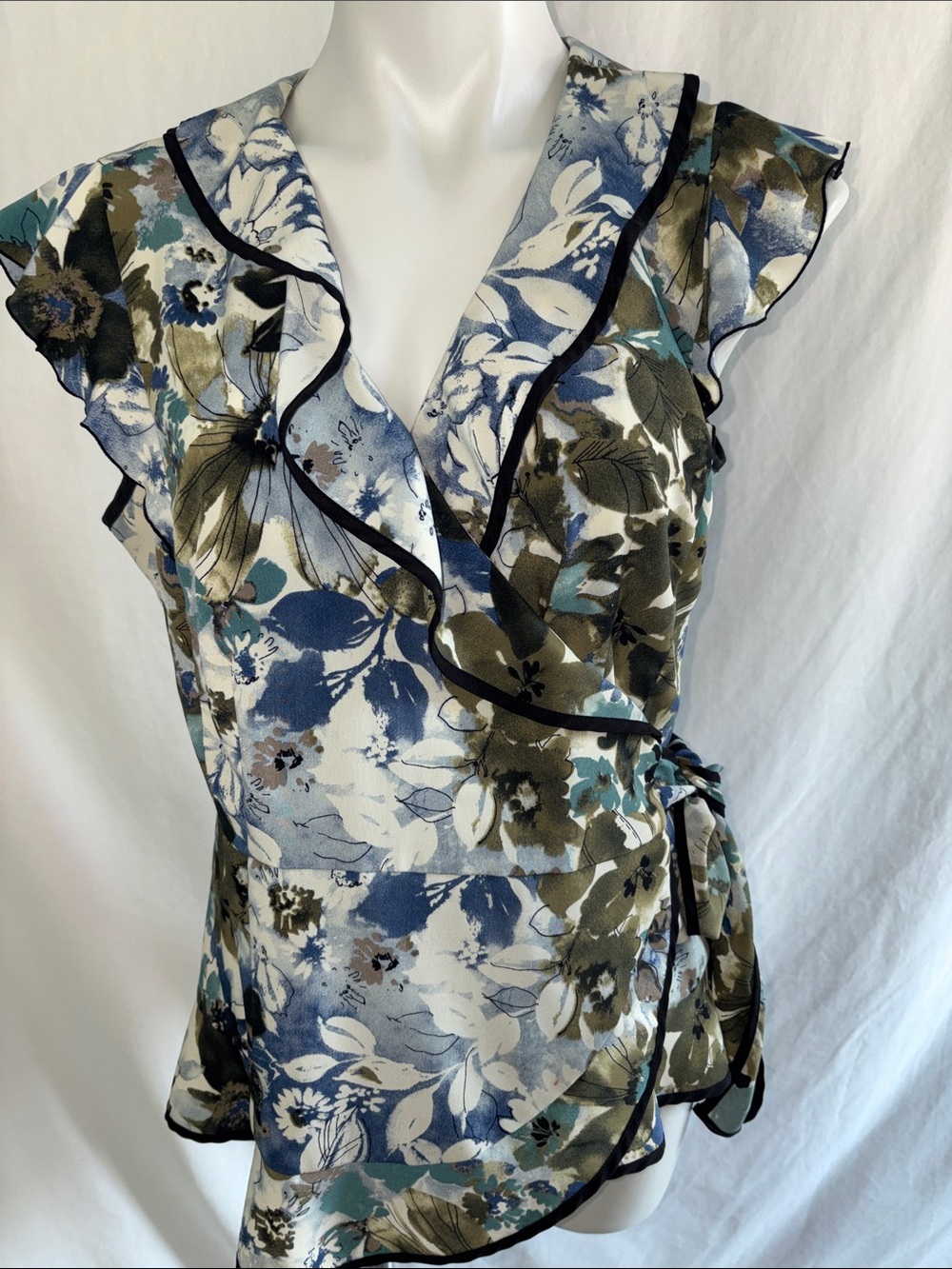 Axcess Blue, Olive and Cream Floral Wrap Blouse